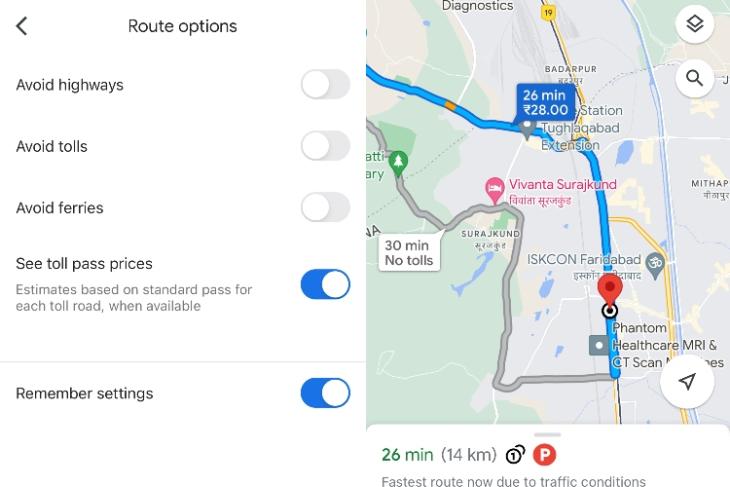 google maps mostra preços de pedágio