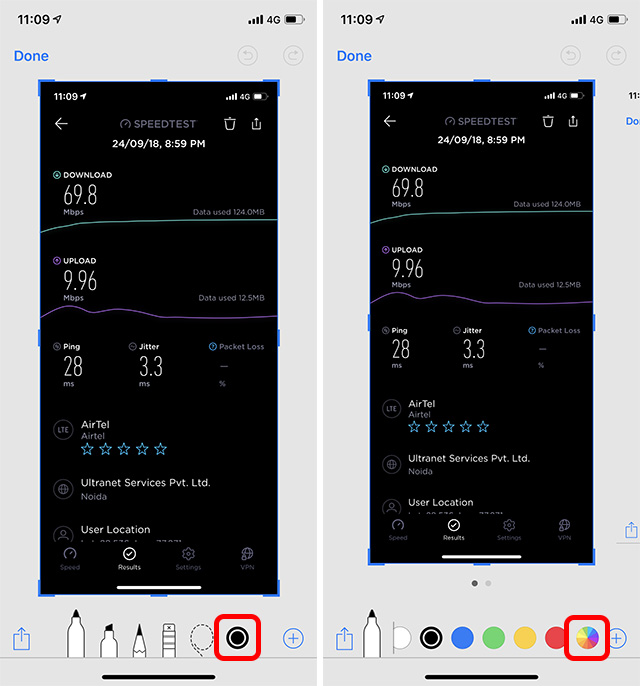 Há uma paleta de cores no editor de captura de tela do iOS 12