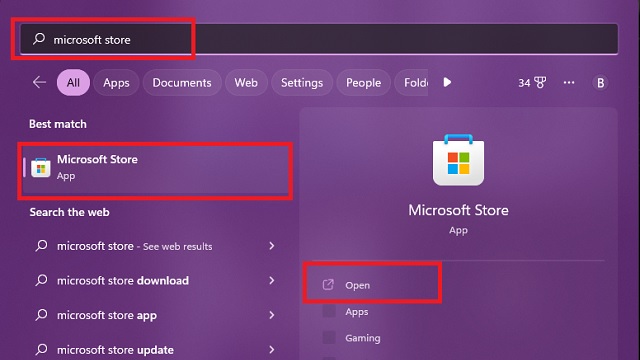 Microsoft Store na pesquisa