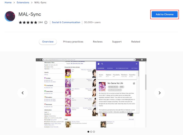 Uma imagem da página da loja da web Chrome MAL-Sync.
